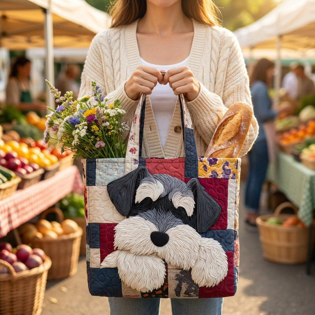 Quilted Tote Bag - Schnauzer carried at a farmers market