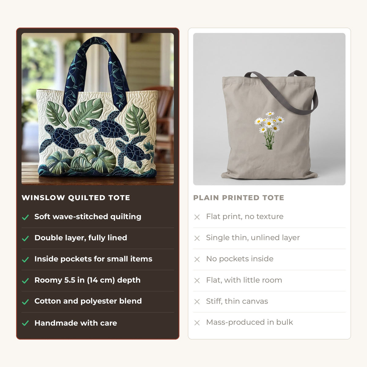 Quilted Tote Bag - Sea Turtles and Palms compared with a plain printed tote