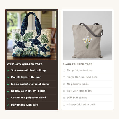 Quilted Tote Bag - Sea Turtles and Palms compared with a plain printed tote