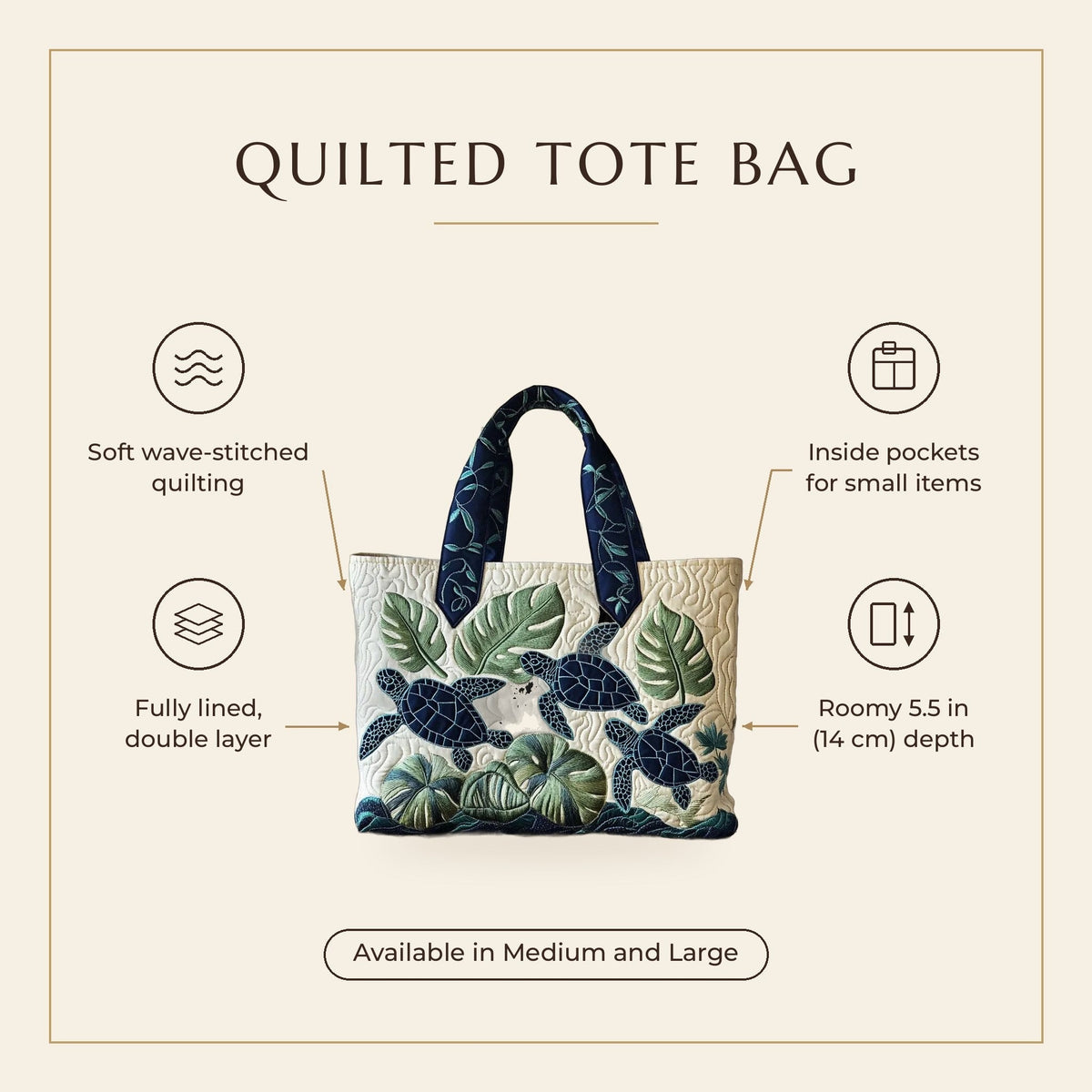 Quilted Tote Bag - Sea Turtles and Palms features infographic