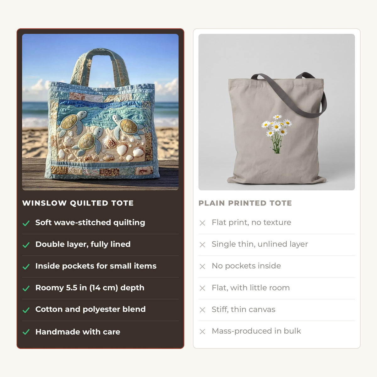 Quilted Tote Bag - Sea Turtles on the Shore compared with a plain printed tote