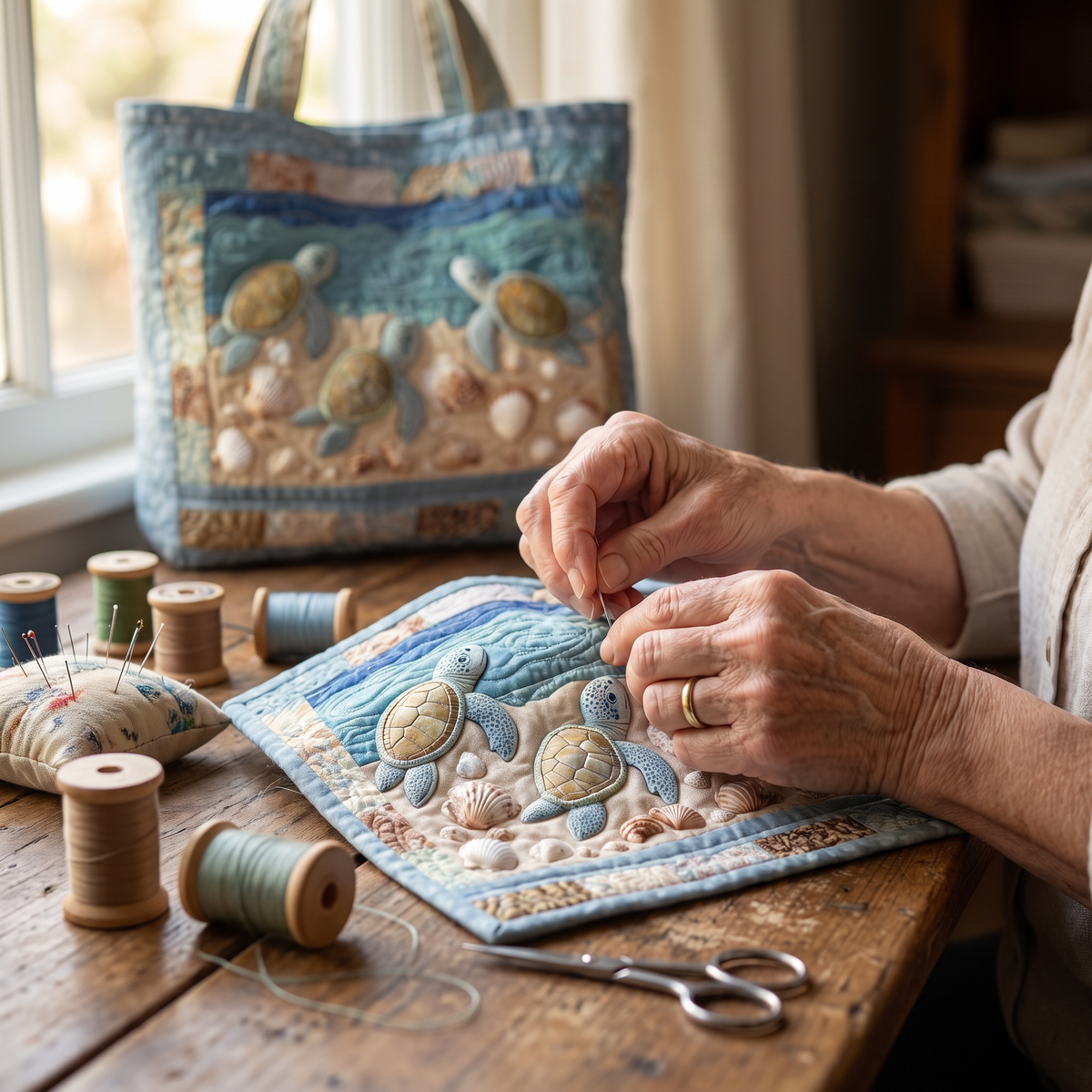 Quilted Tote Bag - Sea Turtles on the Shore