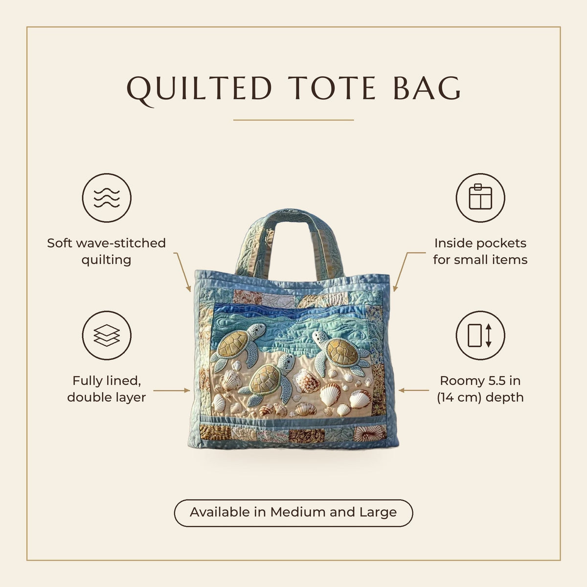 Quilted Tote Bag - Sea Turtles on the Shore features infographic