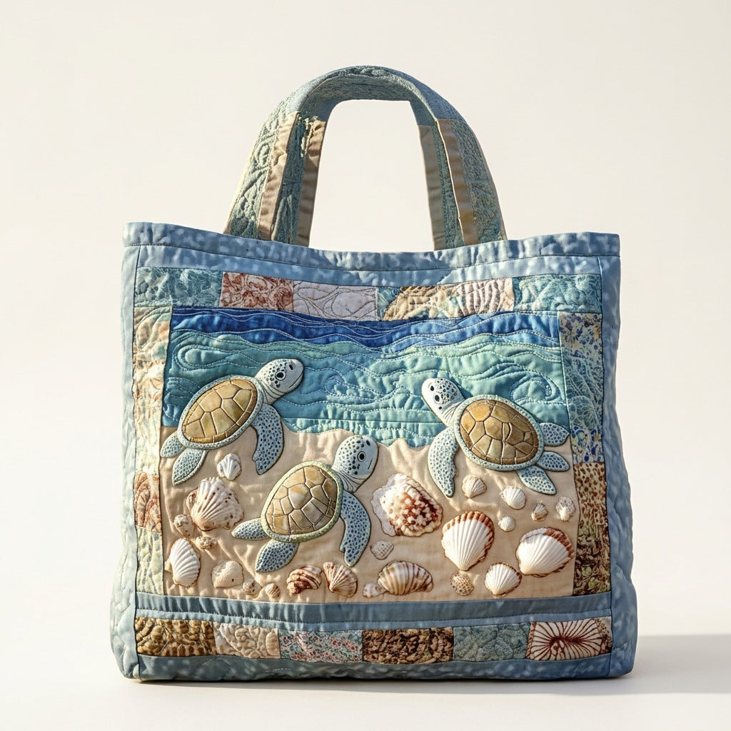Quilted Tote Bag - Sea Turtles on the Shore, studio photo