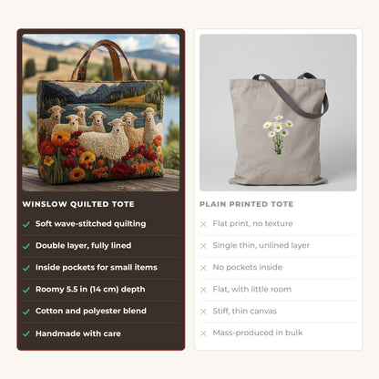 Quilted Tote Bag - Sheep by the Lake compared with a plain printed tote