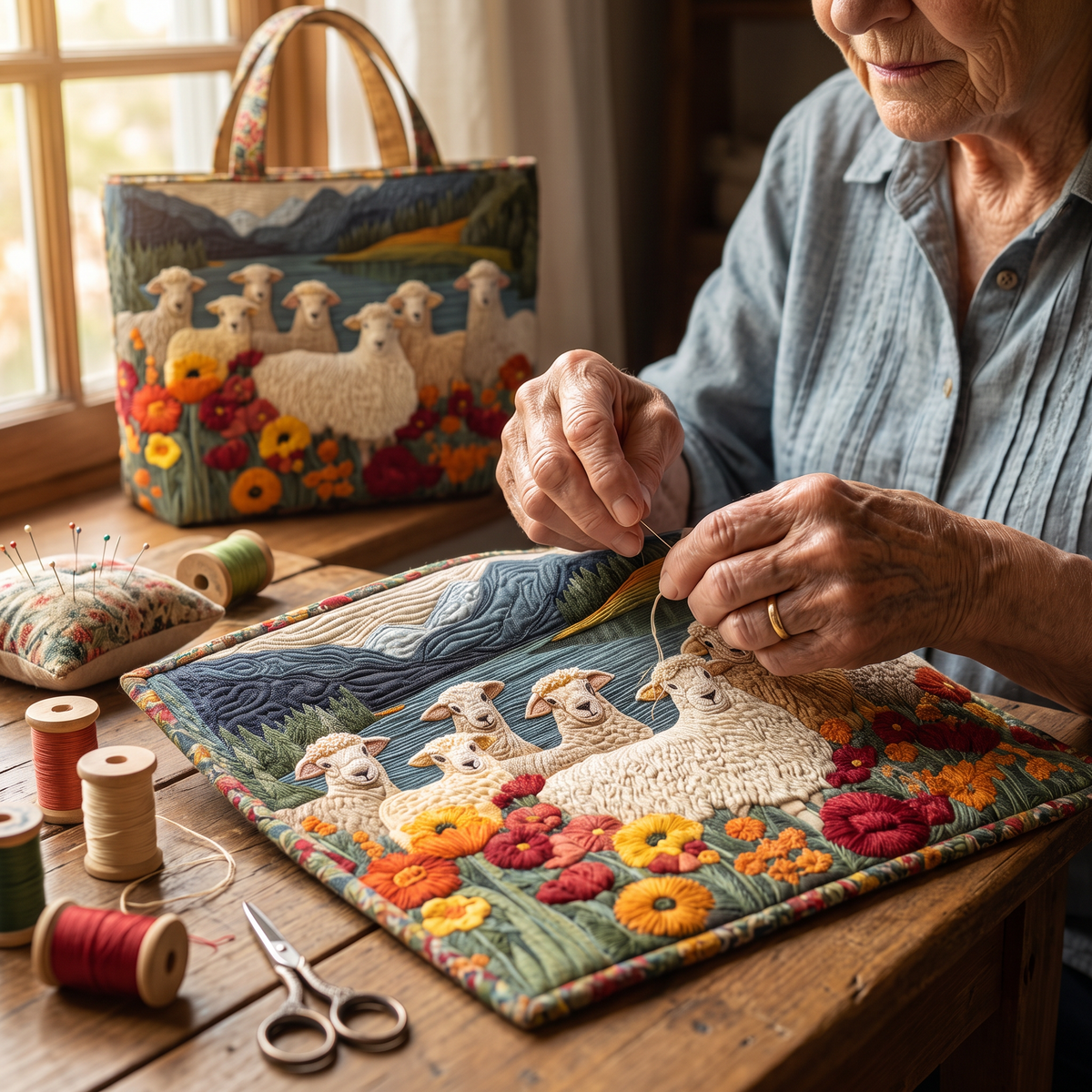 Quilted Tote Bag - Sheep by the Lake
