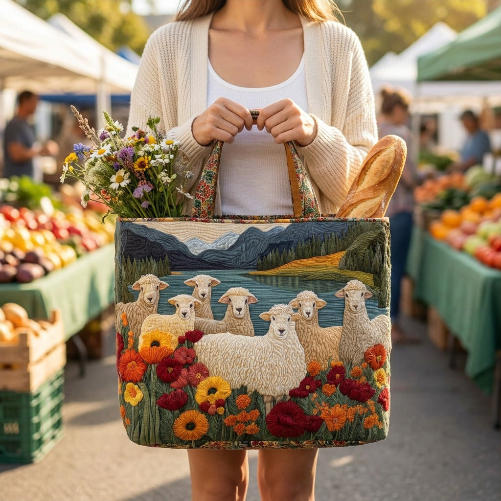 Quilted Tote Bag - Sheep by the Lake carried at a farmers market