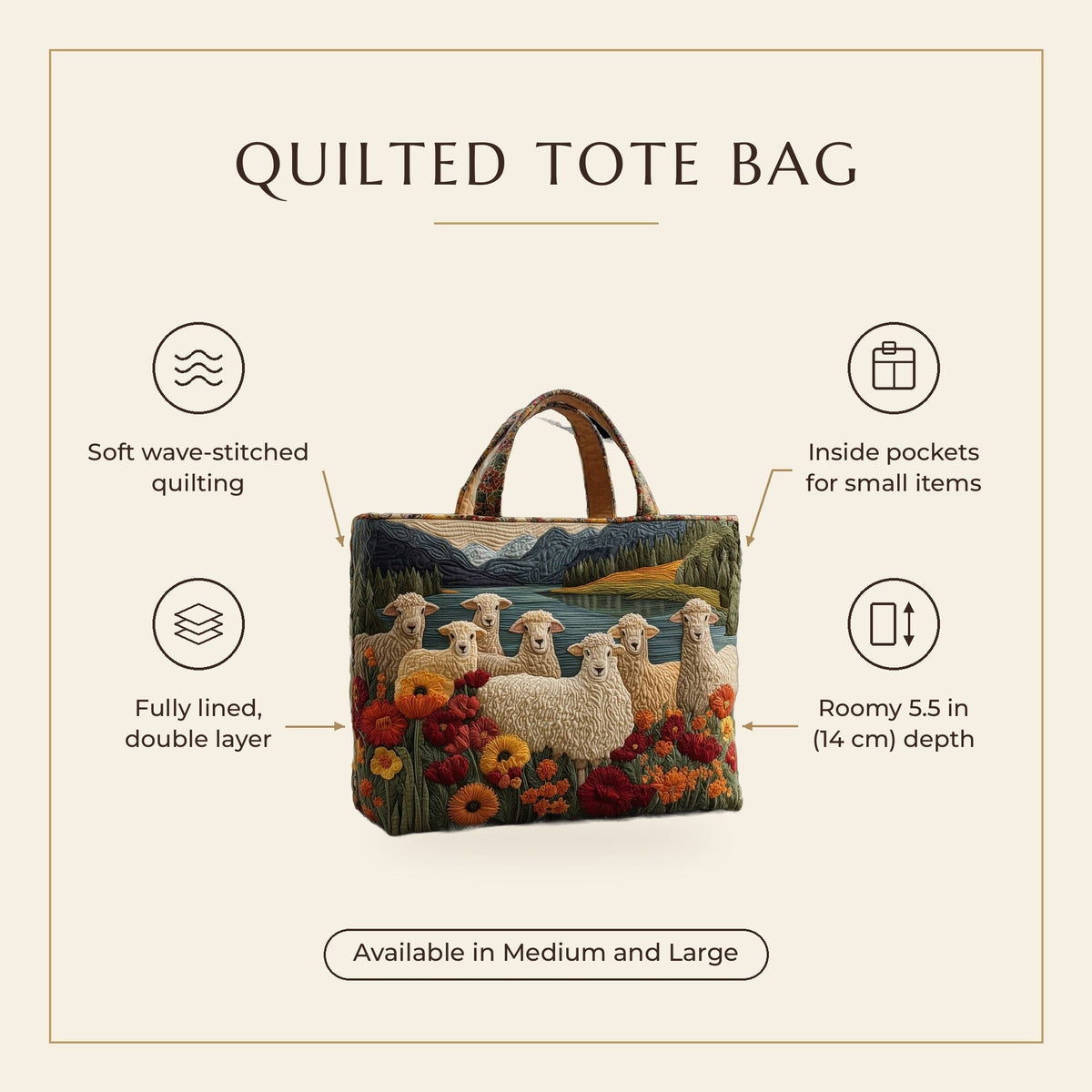 Quilted Tote Bag - Sheep by the Lake features infographic