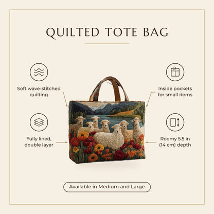 Quilted Tote Bag - Sheep by the Lake features infographic