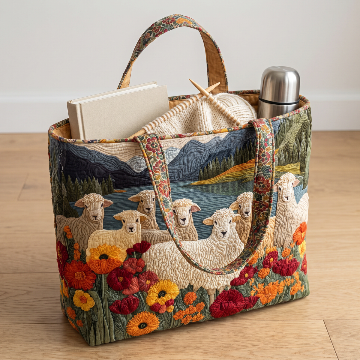 Quilted Tote Bag - Sheep by the Lake