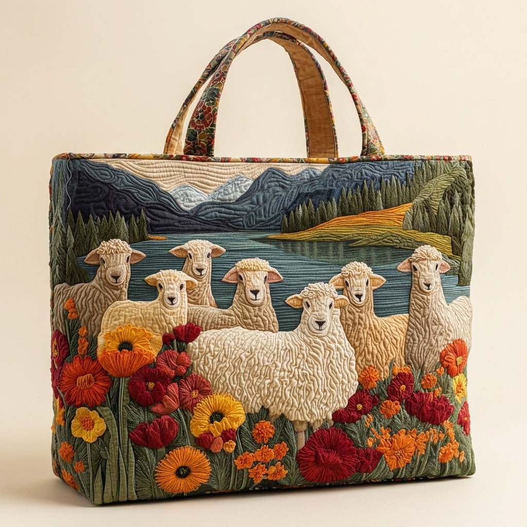 Quilted Tote Bag - Sheep by the Lake, studio photo