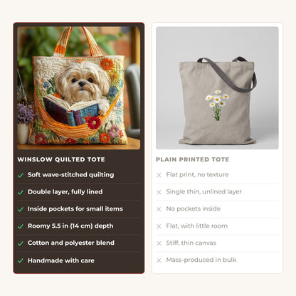 Quilted Tote Bag - Shih Tzu with Books and Flowers compared with a plain printed tote