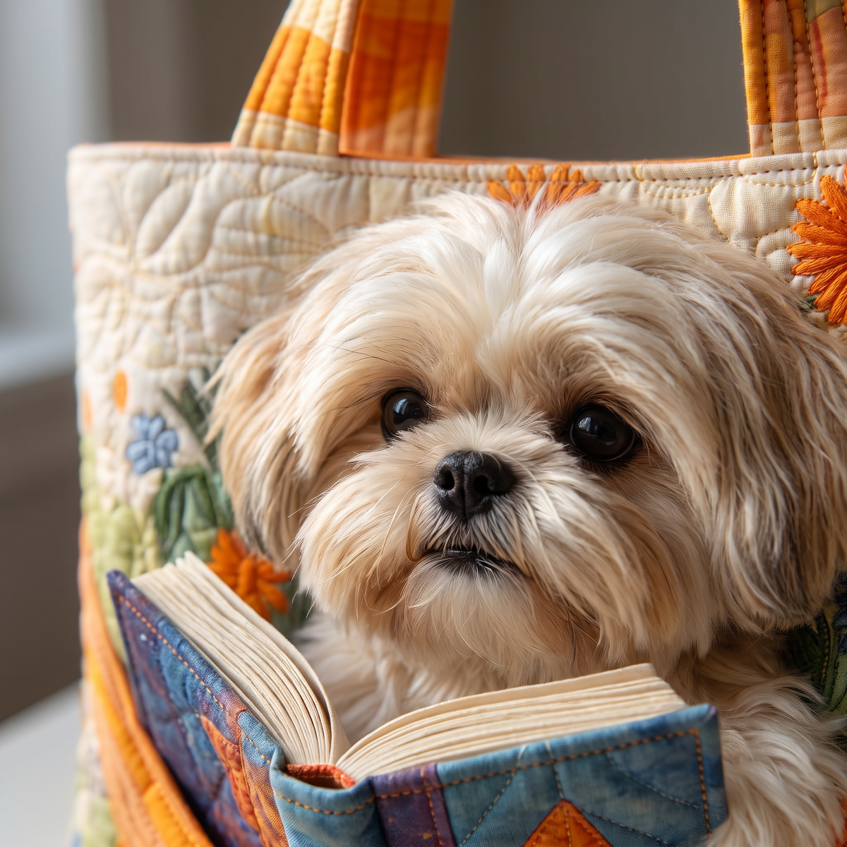 Quilted Tote Bag - Shih Tzu with Books and Flowers