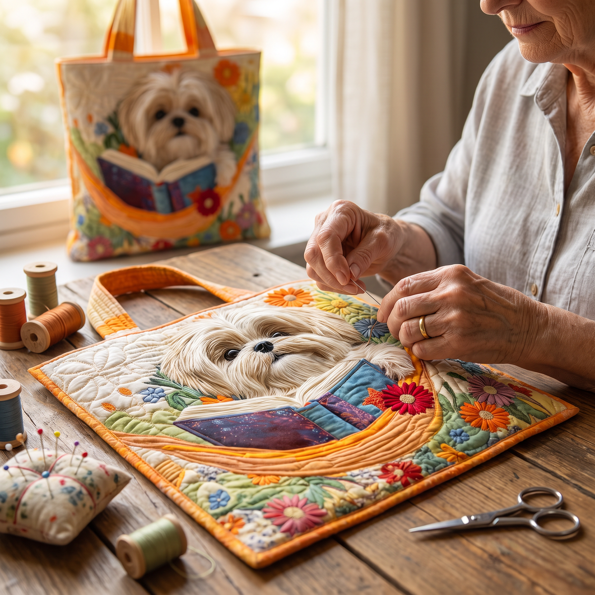 Quilted Tote Bag - Shih Tzu with Books and Flowers