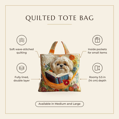 Quilted Tote Bag - Shih Tzu with Books and Flowers features infographic
