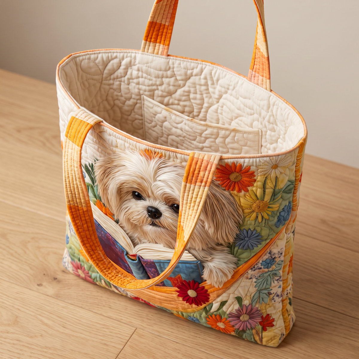 Quilted Tote Bag - Shih Tzu with Books and Flowers