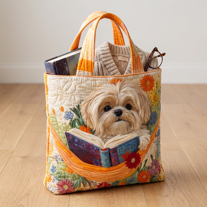 Quilted Tote Bag - Shih Tzu with Books and Flowers