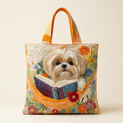 Quilted Tote Bag - Shih Tzu with Books and Flowers, studio photo