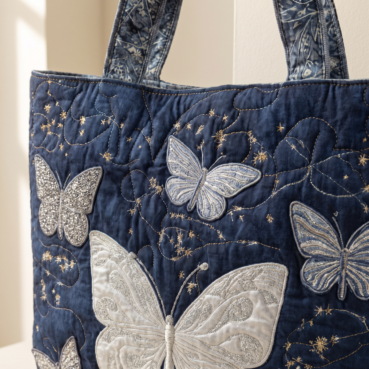 Quilted Tote Bag - Silver Butterflies