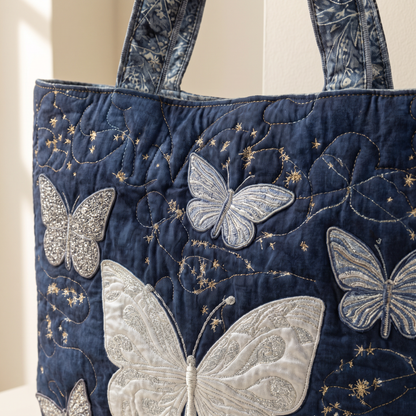 Quilted Tote Bag - Silver Butterflies