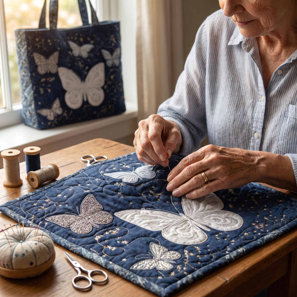 Quilted Tote Bag - Silver Butterflies