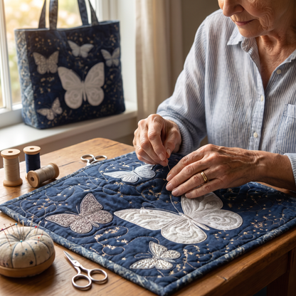 Quilted Tote Bag - Silver Butterflies