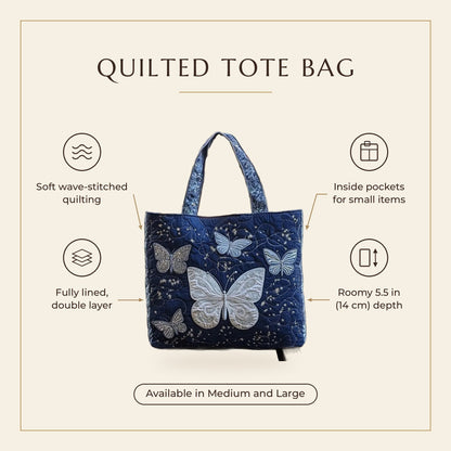 Quilted Tote Bag - Silver Butterflies features infographic