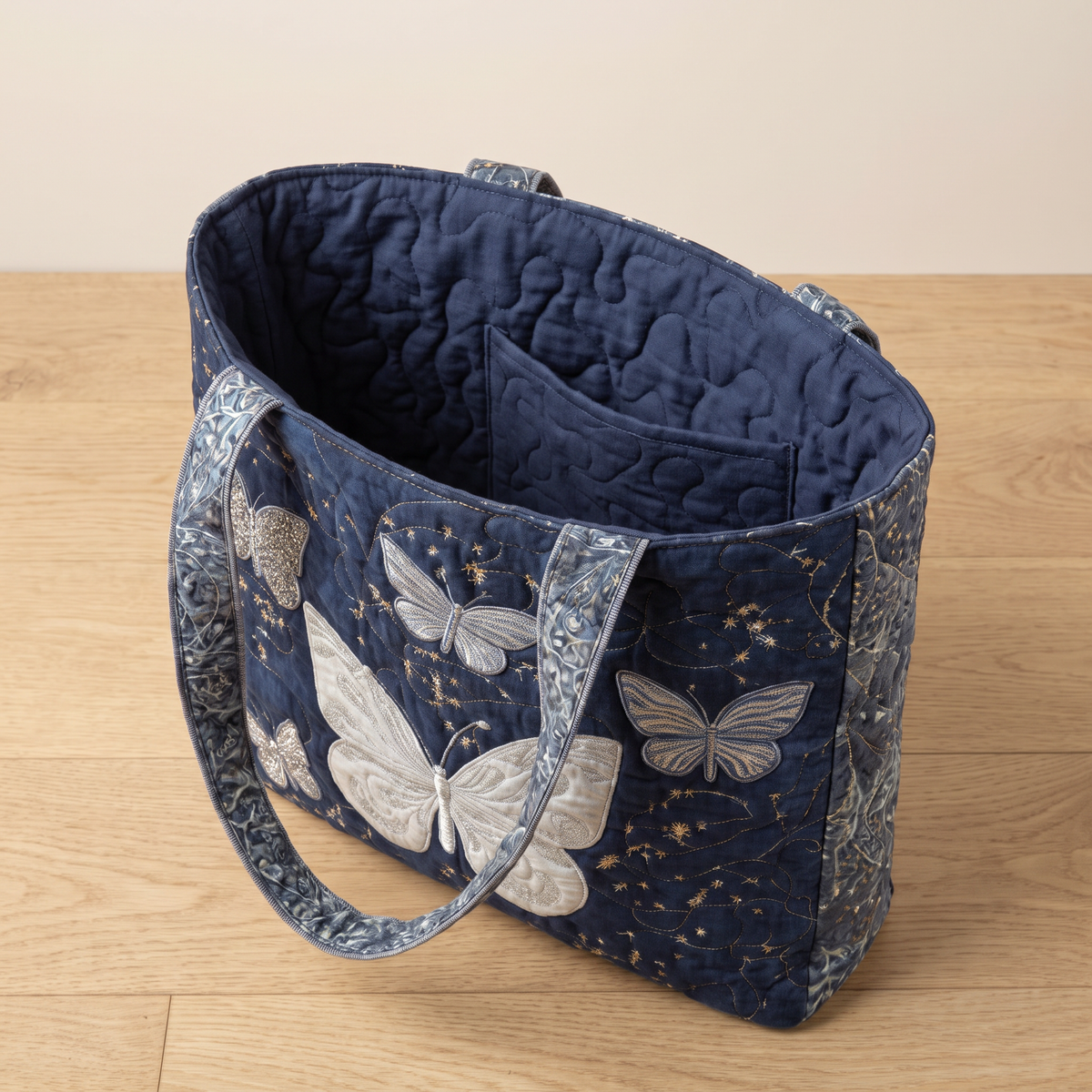 Quilted Tote Bag - Silver Butterflies