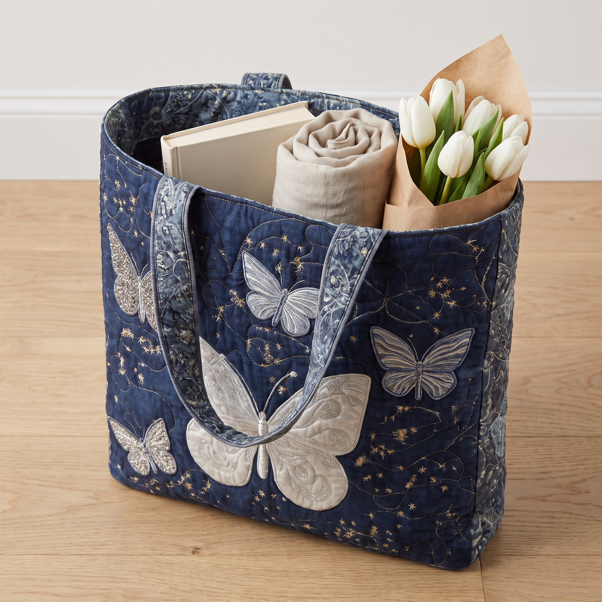 Quilted Tote Bag - Silver Butterflies