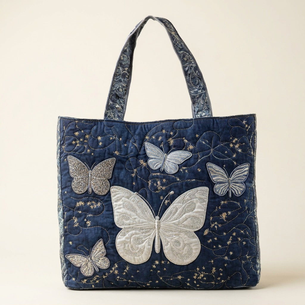 Quilted Tote Bag - Silver Butterflies, studio photo