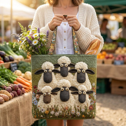 Quilted Tote Bag - Six Sheep carried at a farmers market