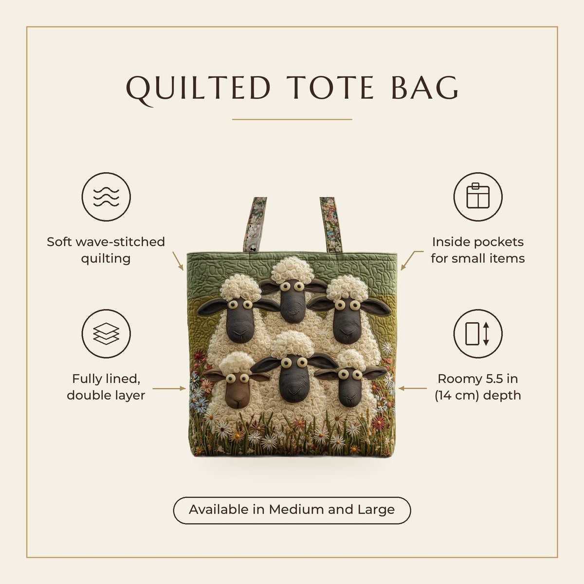 Quilted Tote Bag - Six Sheep features infographic