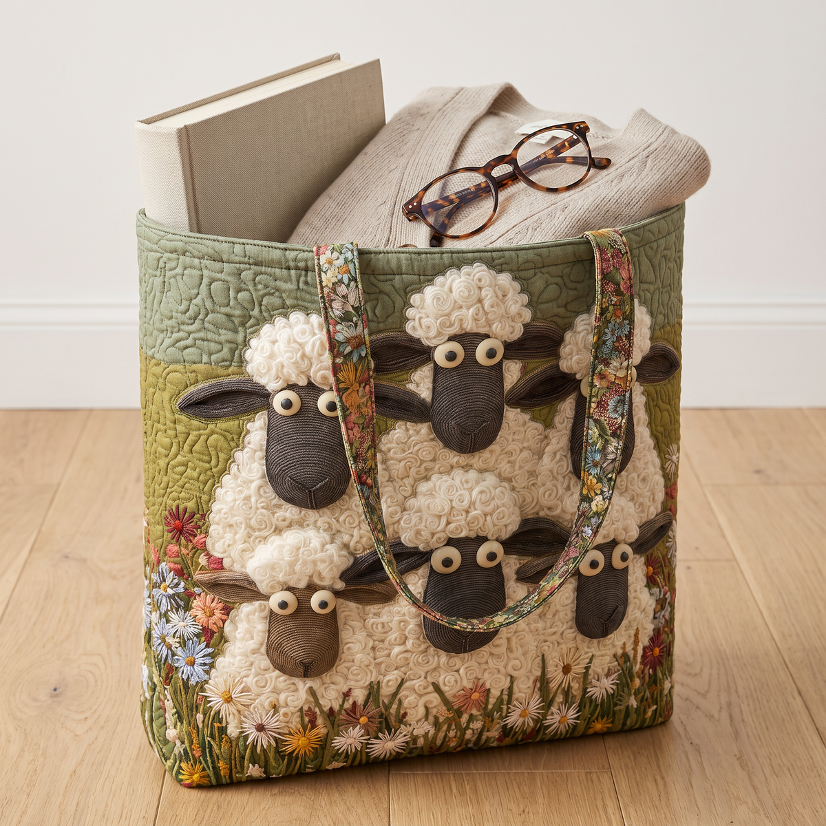 Quilted Tote Bag - Six Sheep
