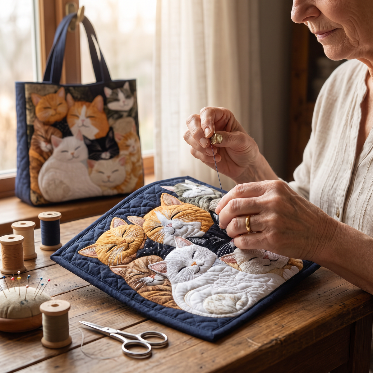 Quilted Tote Bag - Sleeping Kittens