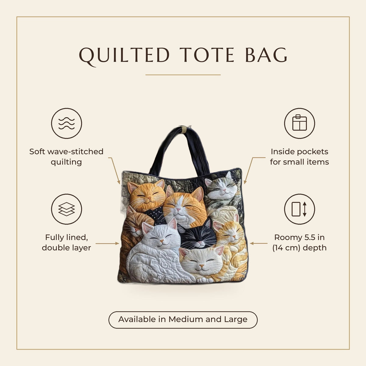 Quilted Tote Bag - Sleeping Kittens features infographic