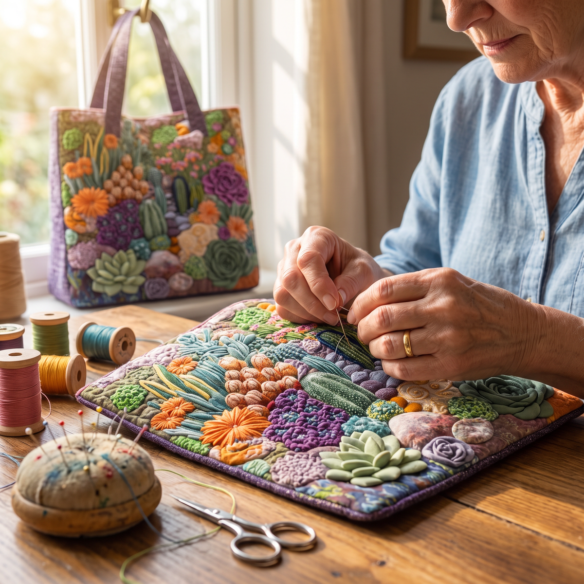 Quilted Tote Bag - Succulent Garden