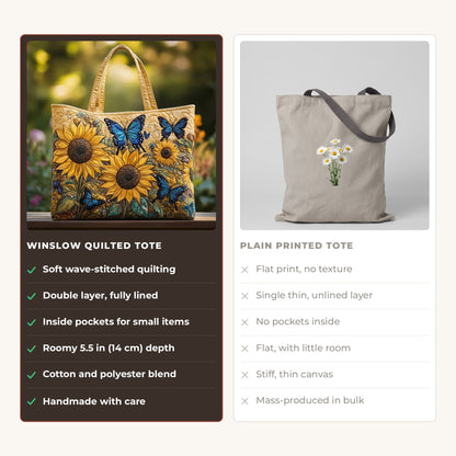 Quilted Tote Bag - Sunflowers and Blue Butterflies compared with a plain printed tote