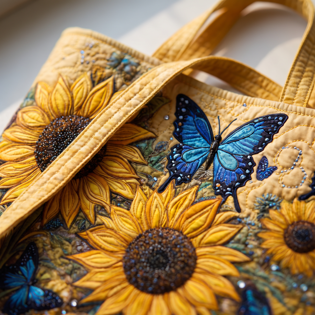 Quilted Tote Bag - Sunflowers and Blue Butterflies