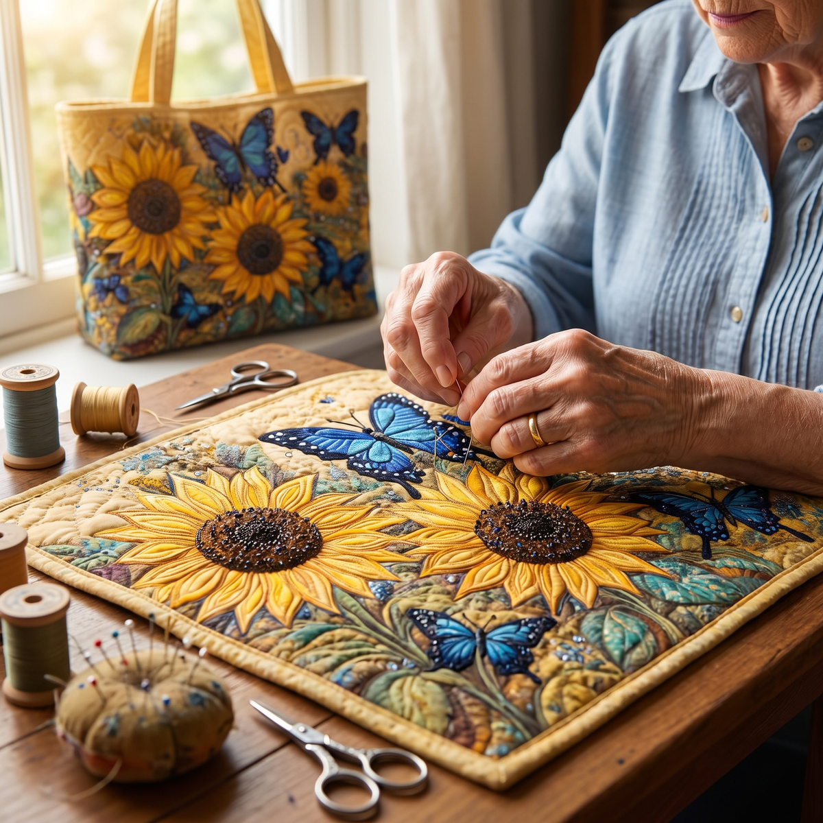Quilted Tote Bag - Sunflowers and Blue Butterflies
