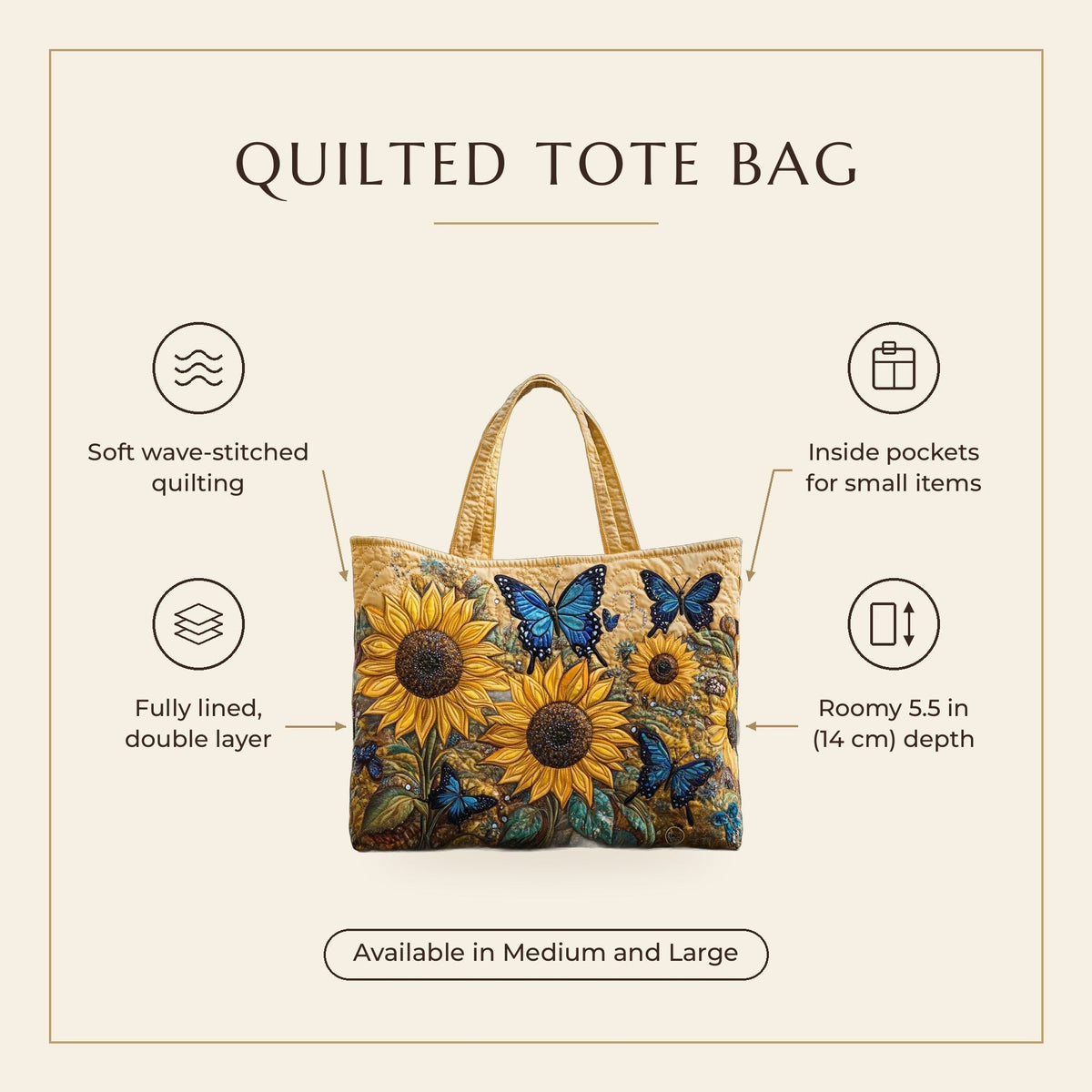 Quilted Tote Bag - Sunflowers and Blue Butterflies features infographic