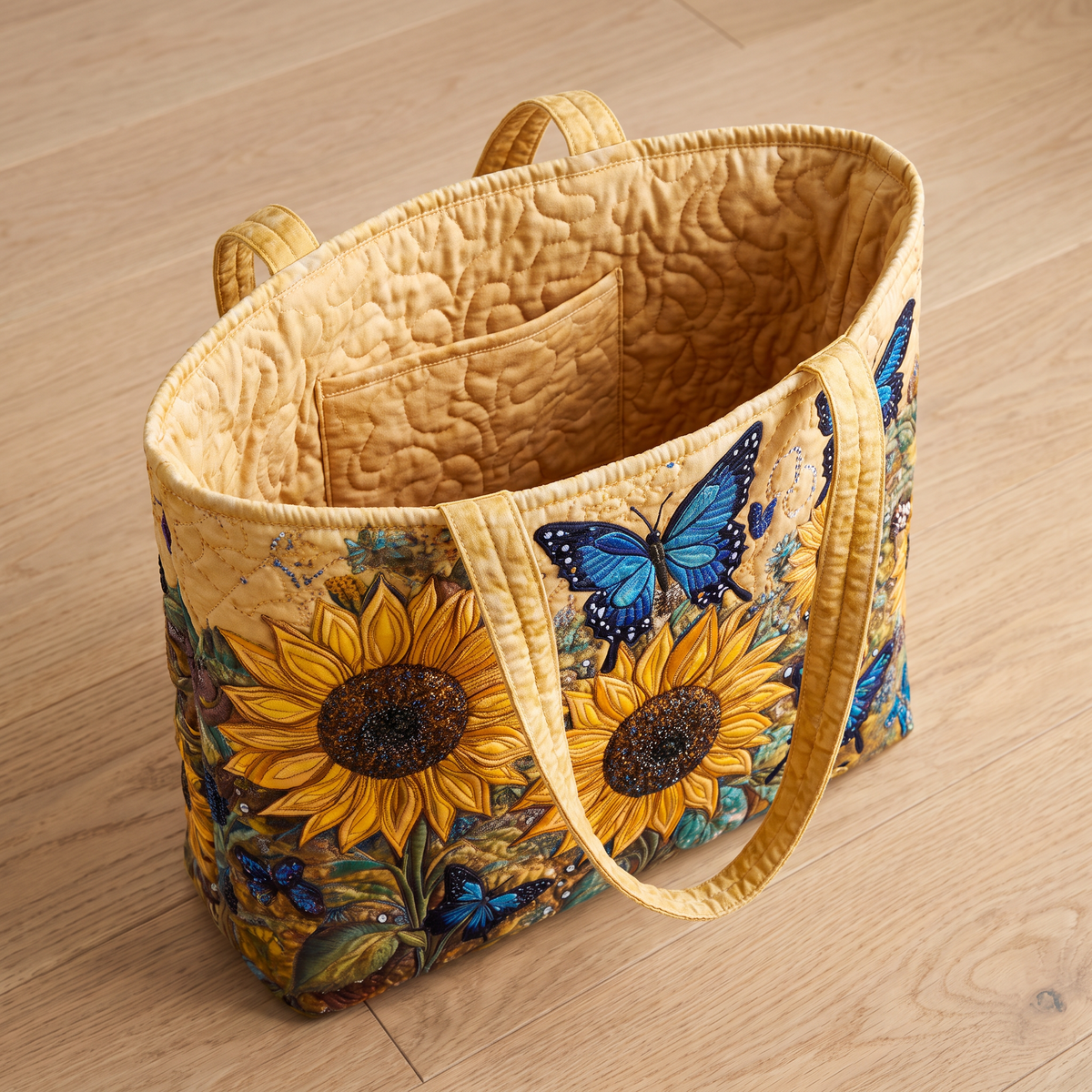 Quilted Tote Bag - Sunflowers and Blue Butterflies
