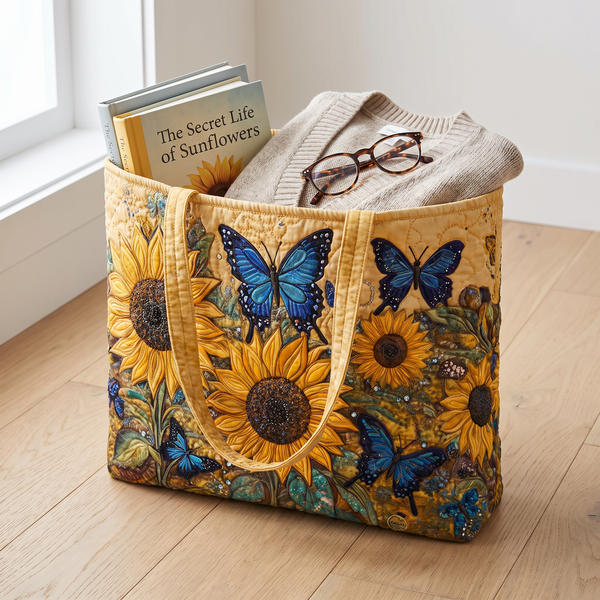 Quilted Tote Bag - Sunflowers and Blue Butterflies