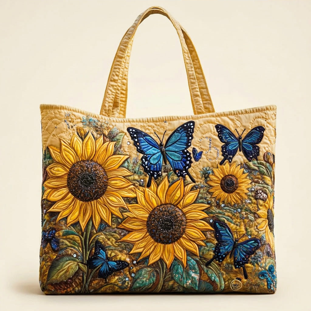Quilted Tote Bag - Sunflowers and Blue Butterflies, studio photo