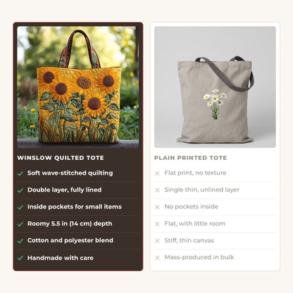 Quilted Tote Bag - Sunflowers compared with a plain printed tote