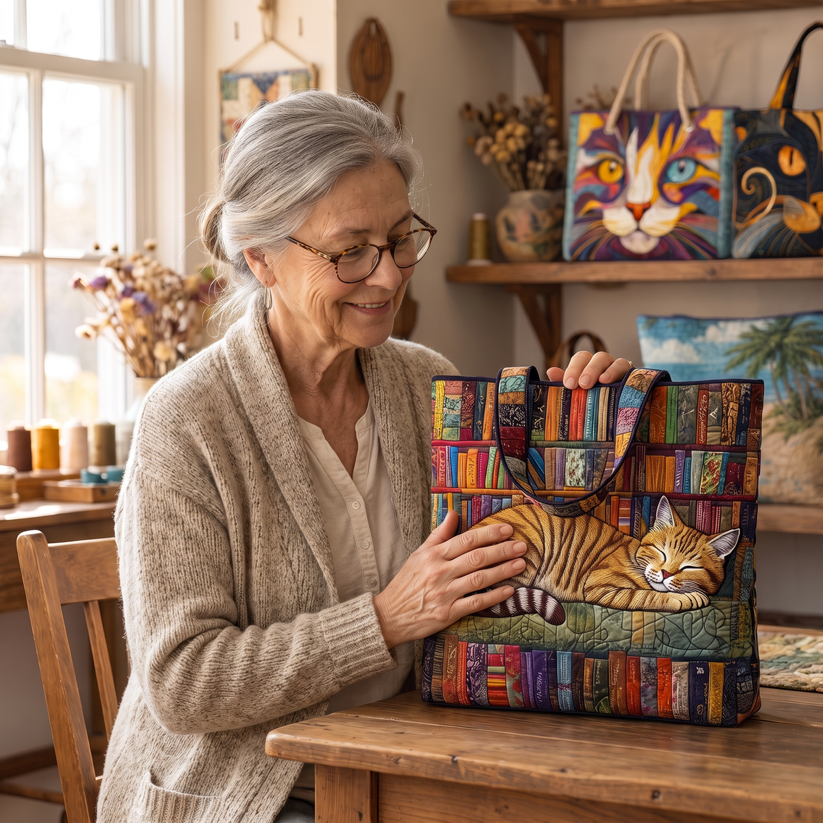 Quilted Tote Bag - Tabby Cat Napping on Books