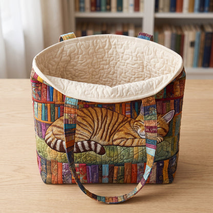 Quilted Tote Bag - Tabby Cat Napping on Books