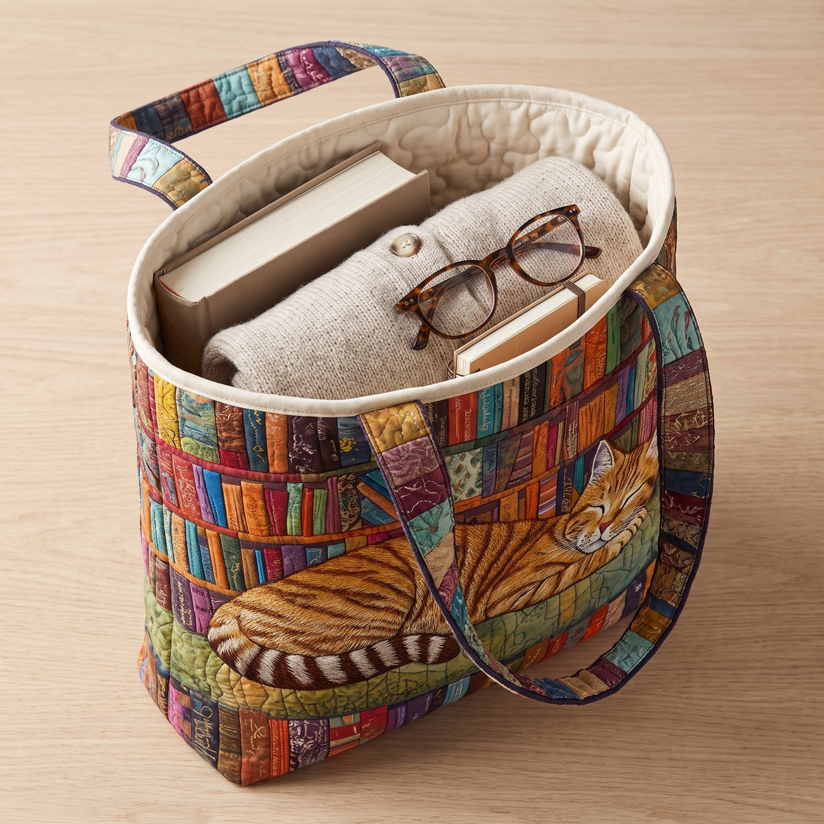 Quilted Tote Bag - Tabby Cat Napping on Books