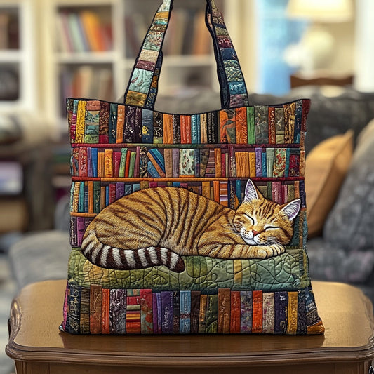 Quilted Tote Bag - Tabby Cat Napping on Books