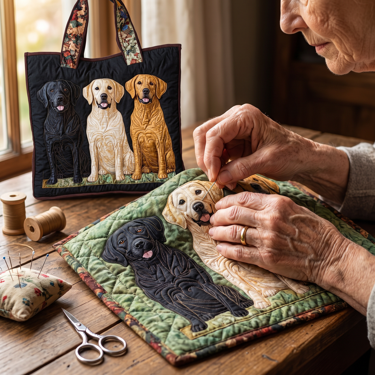 Quilted Tote Bag - Three Labradors