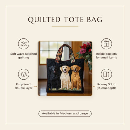 Quilted Tote Bag - Three Labradors features infographic
